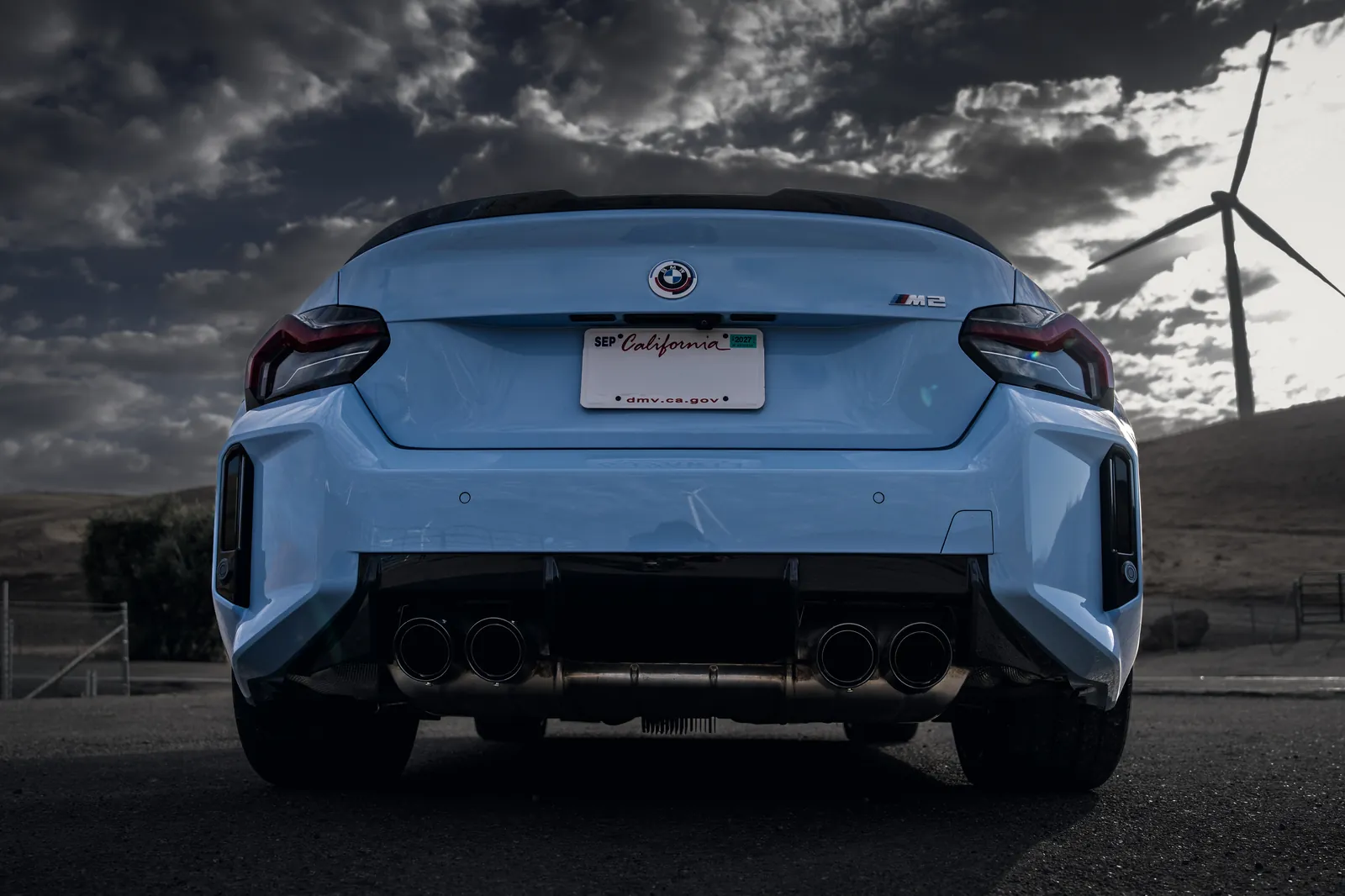 BMW M2 from directly behind, four tailpipes