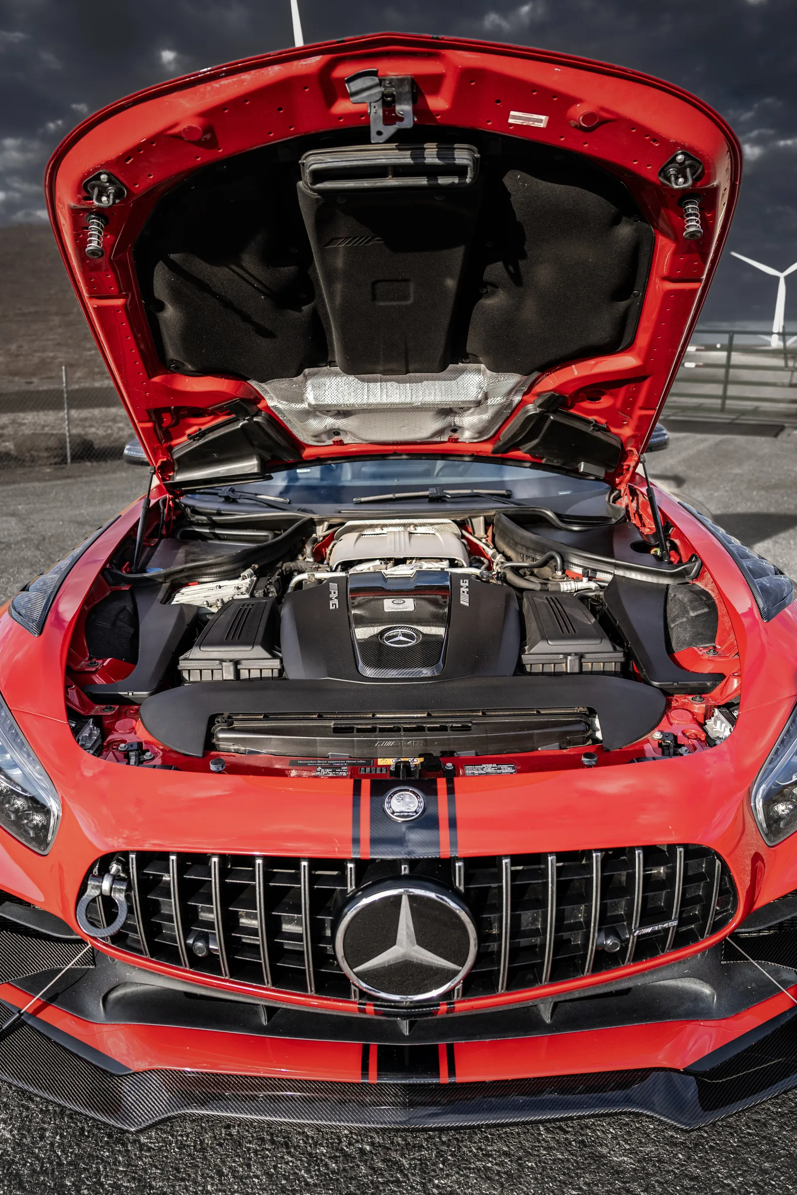 Mercedes-AMG GT R engine bay with the hood raised