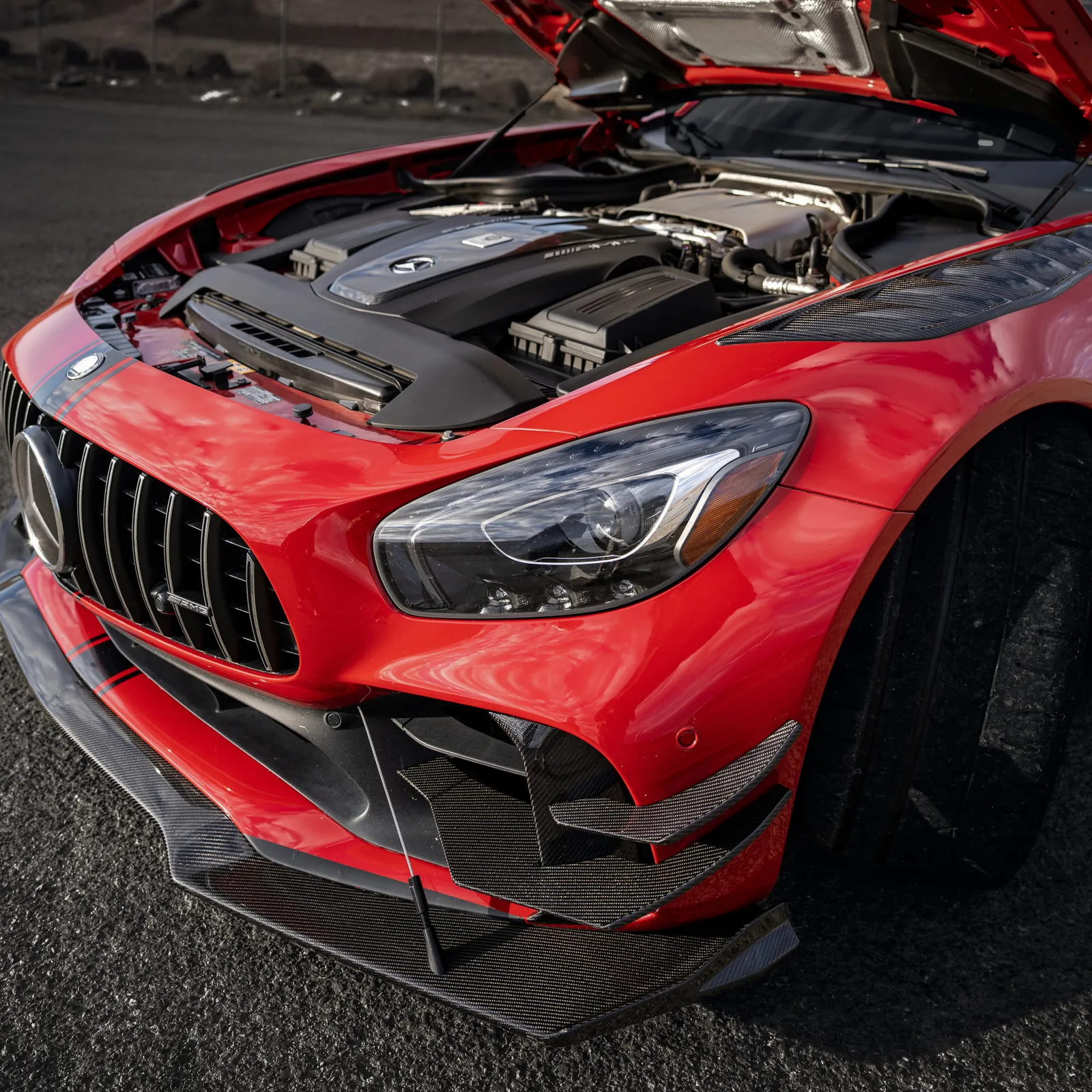 Mercedes-AMG GT R front corner with the hood open