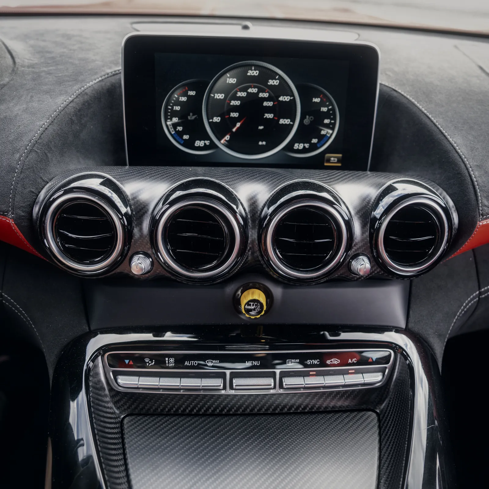 Mercedes-AMG GT R center vents and the yellow traction-control dial