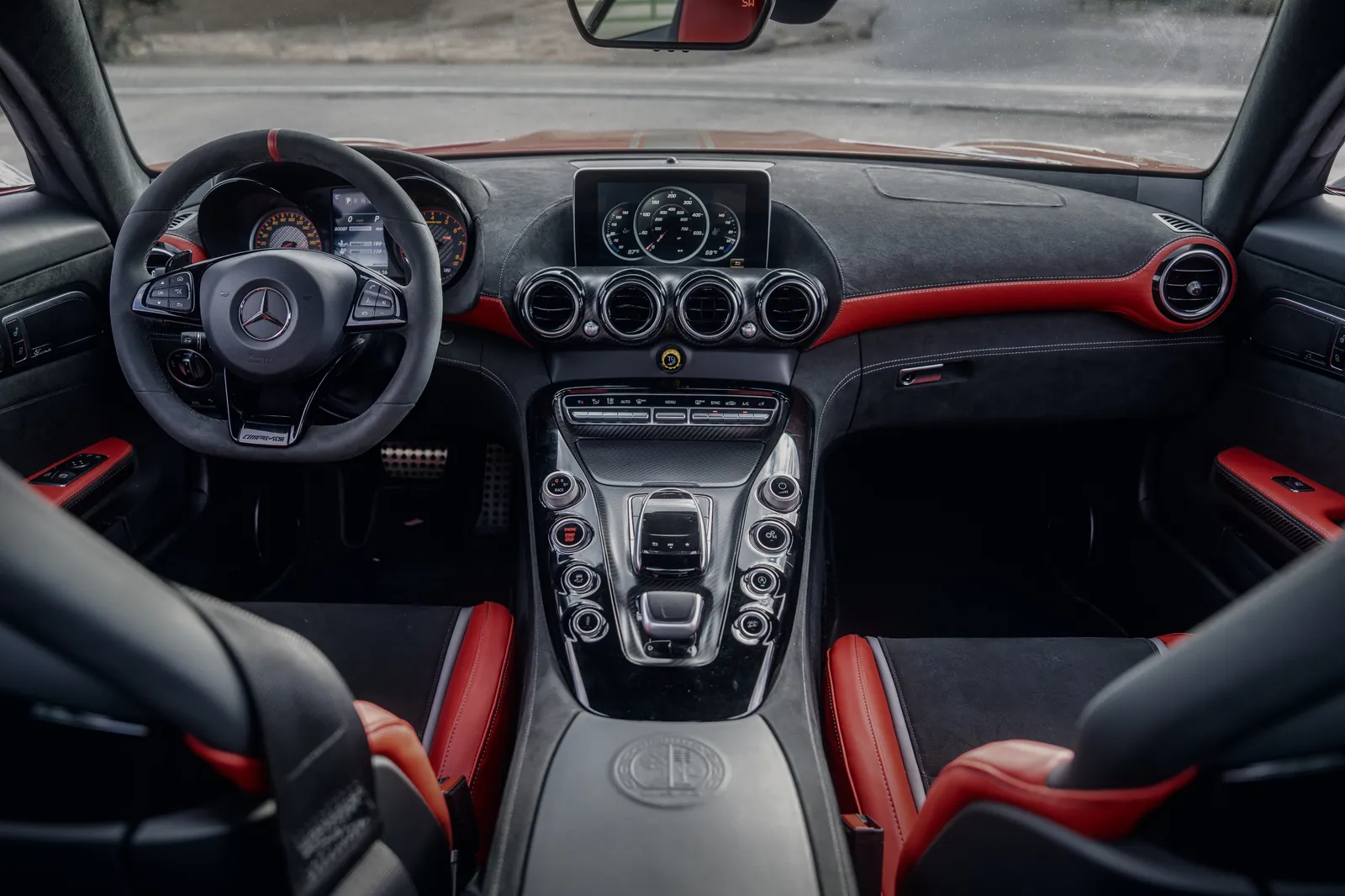 Mercedes-AMG GT R interior with red and black seats and the center console