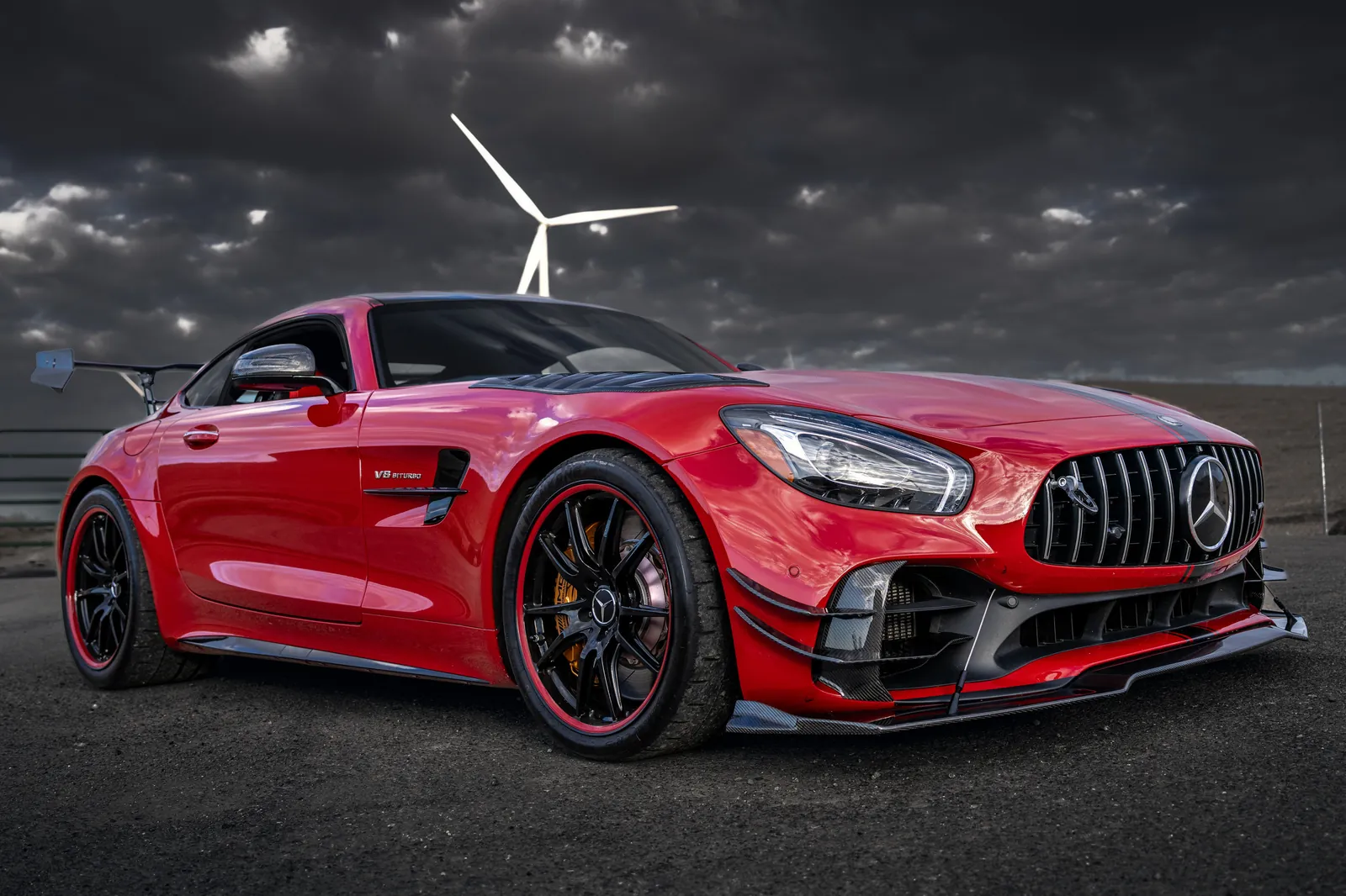 Mercedes-AMG GT R front three-quarter with the vertical-fin grille